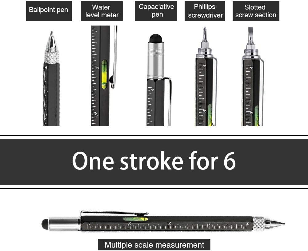 Odluzy Tool Pen Multitool Tech Metal Pen with Ruler, Level gauge, Touch Screen Pen, Ballpoint Pen and Pen Refills, Creative Gifts for Men (6 in 1, Black)