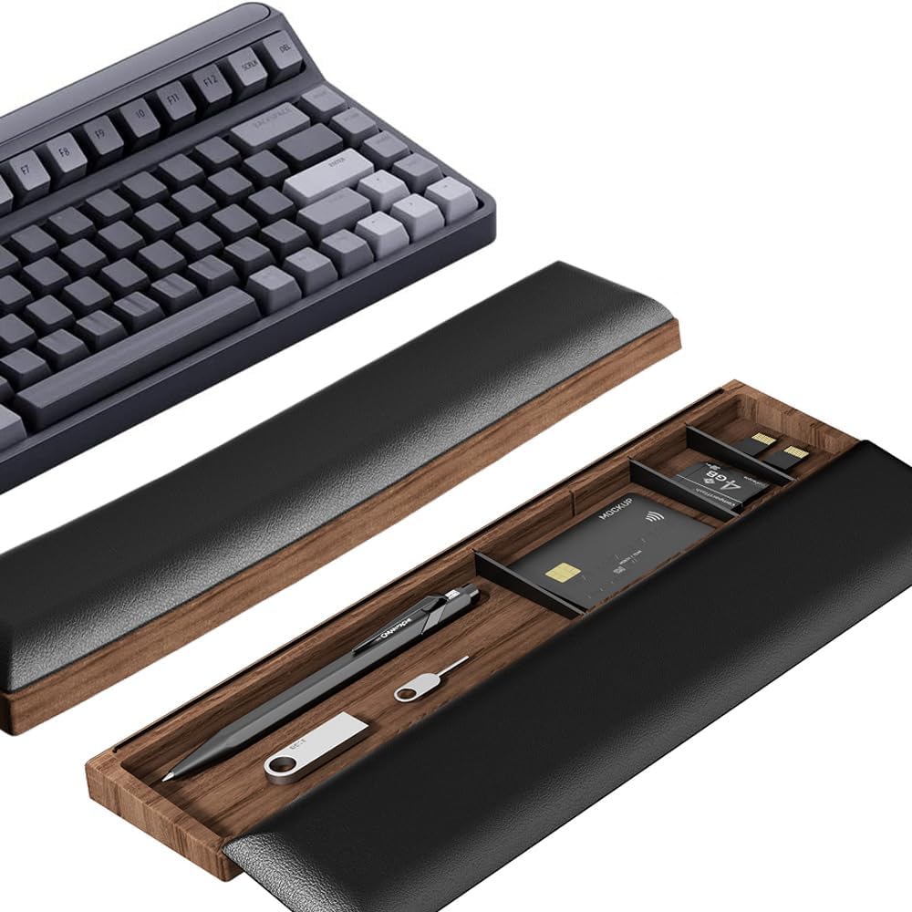 0TO1 TECH Keyboard Wrist Rest Pad, Wooden Desktop Partition Storage Case, Leather Non-Slip Keyboard Wrist Rest, Wooden Keyboard Base, Suitable for Computer, Office, Home (Black)