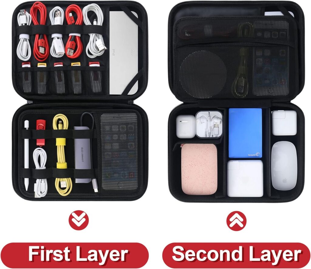 BOVKE Electronic Organizer Travel Cable Organizer Bag Electronic Accessories Case Portable Tech Organizer for Tablet Apple iPad 9.7in, Hard Drives, Cables, Chargers, iPhone, Power Bank, Black