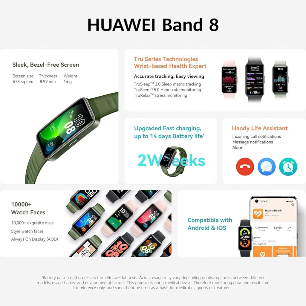 HUAWEI Band 8 Smart Watch, Ultra-thin Design, Scientific Sleeping Tracking, 2-week battery life, Compatible with Android  iOS, 24/7 Health Management, Black