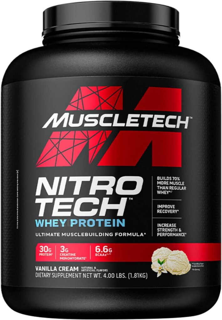 Muscletech NitroTech Whey Protein Ultimate Muscle Building Formula with a Unique Blend of Whey Protein Isolate  Peptides - 30gm Protein, 3gm Creatine  6.8gm BCAAs, Vanilla Cream Flavor, 4.00 lbs