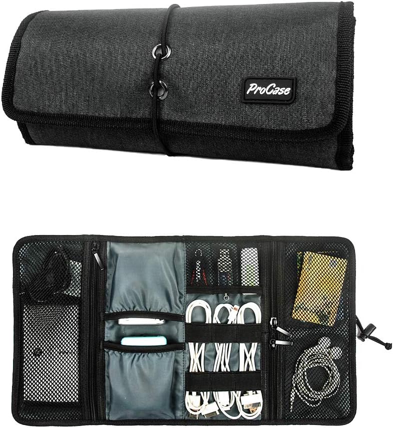 ProCase Electronic Organizer Cord Pouch, Travel Cable Charger Phone Accessories Bag Organizer Roll up Tech Carrying Case for USB Cables SD Memory Cards Earphone Flash Hard Drive