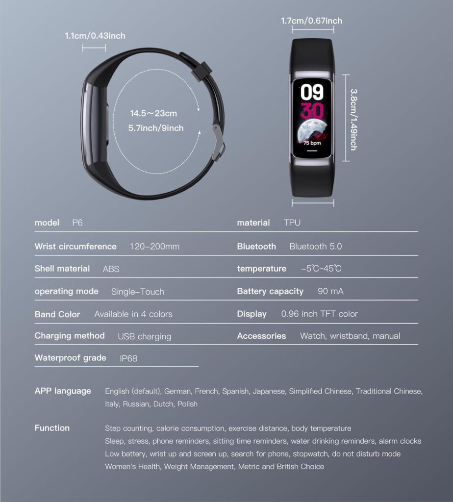 Smart Bracelet Health and Fitness Tracker, Health Monitoring, Blood Oxygen, Heart Rate Monitor  Sleep Monitor, Smartwatch for Android iPhone p6 (Black)