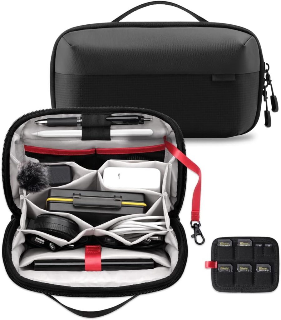 TERRIFI Electronics Organizer, Waterproof Travel Accessory Handle Bag for Tech Pouch for Cables, Camera Batteries, Power Bank, SD/TF Cards, Black