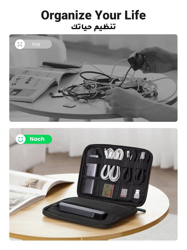 UGREEN Electronic Accessories Bag, Cable Organizer Case Travel Cables Holder Charger Organizer Cables Compatible with iPad Mini 5 4, Mobile Phone, Power Bank, Cables, Hard Disk