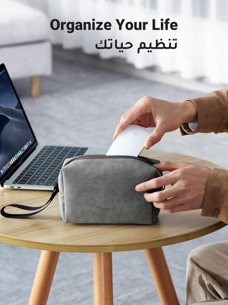 UGREEN Hard Drive Bag, Digital Storage Leather Bag, Electronic Accessories Gadget Organizer Case with Grid Layered, Travel Gear Storage Carrying Sleeve Pouch for USB Cable, Earphones, Power Banks