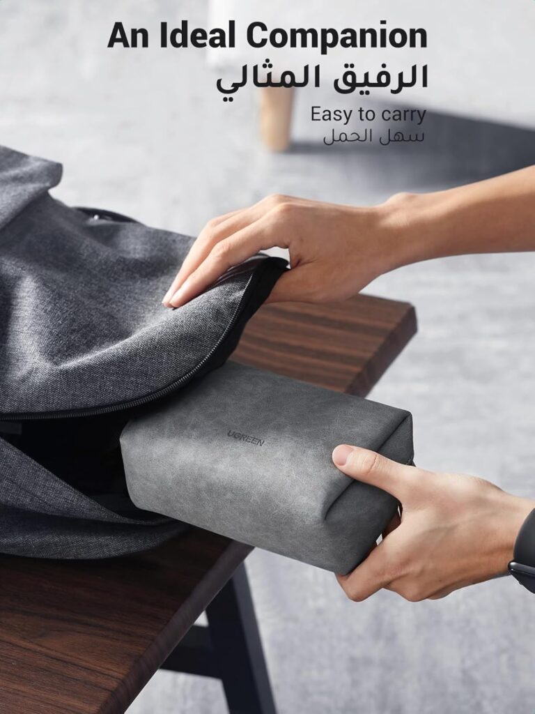 UGREEN Hard Drive Bag, Digital Storage Leather Bag, Electronic Accessories Gadget Organizer Case with Grid Layered, Travel Gear Storage Carrying Sleeve Pouch for USB Cable, Earphones, Power Banks