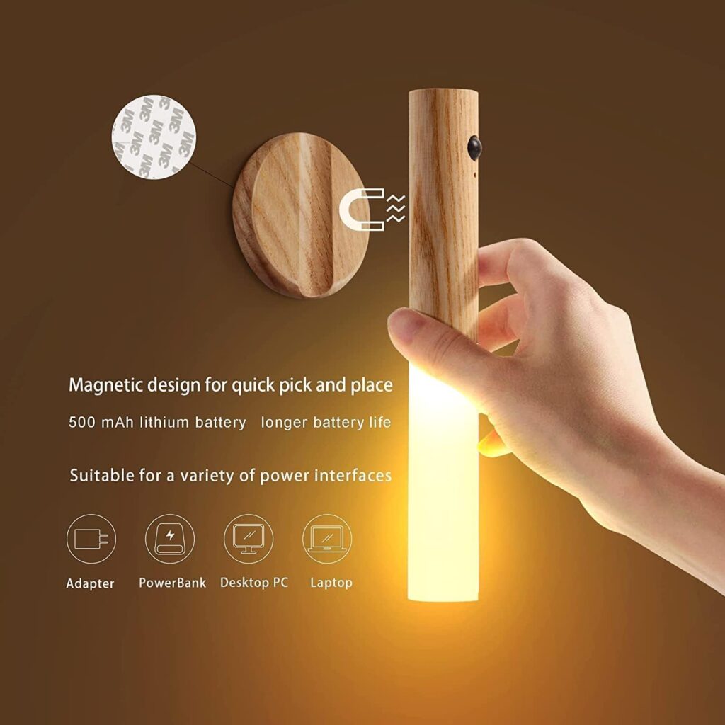 Motion Sensor Night Light, Smart LED Light, Sensing Distance 4M, Hand-held Portable, Stick Anywhere for Bedroom, Stairway, Children Room and More,High Grade Solid Wood Glass Material (Walnut Wood)