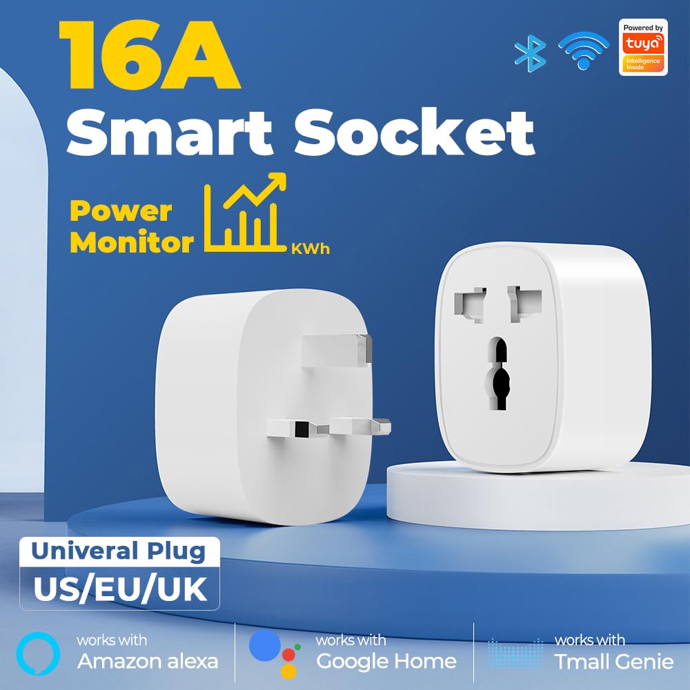 TIKNIA Universal Smart Plug, 16A Smart Socket Wi-Fi Plug Works with Amazon Alexa, Google Home, Remote Control  Voice Control with Electricity Statistics Timer Function, Wireless Socket for Smart Home