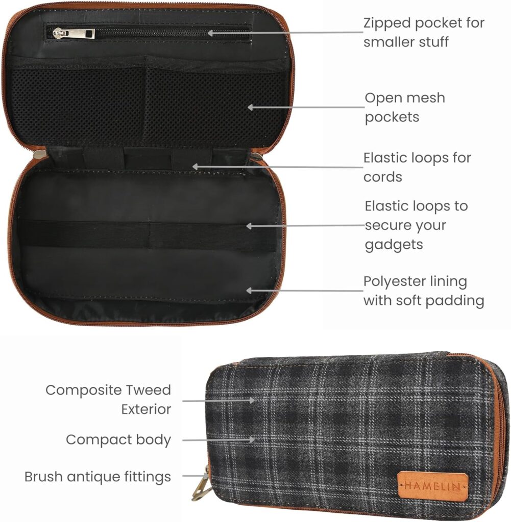 HAMELIN Oslo Tech Organiser | Slate Gray, Tweed Fabric | All in One Gadget Organizer | Multipurpose Pouch for Men and Women | Stylish Storage for Earphone, USB Cable, Power Bank
