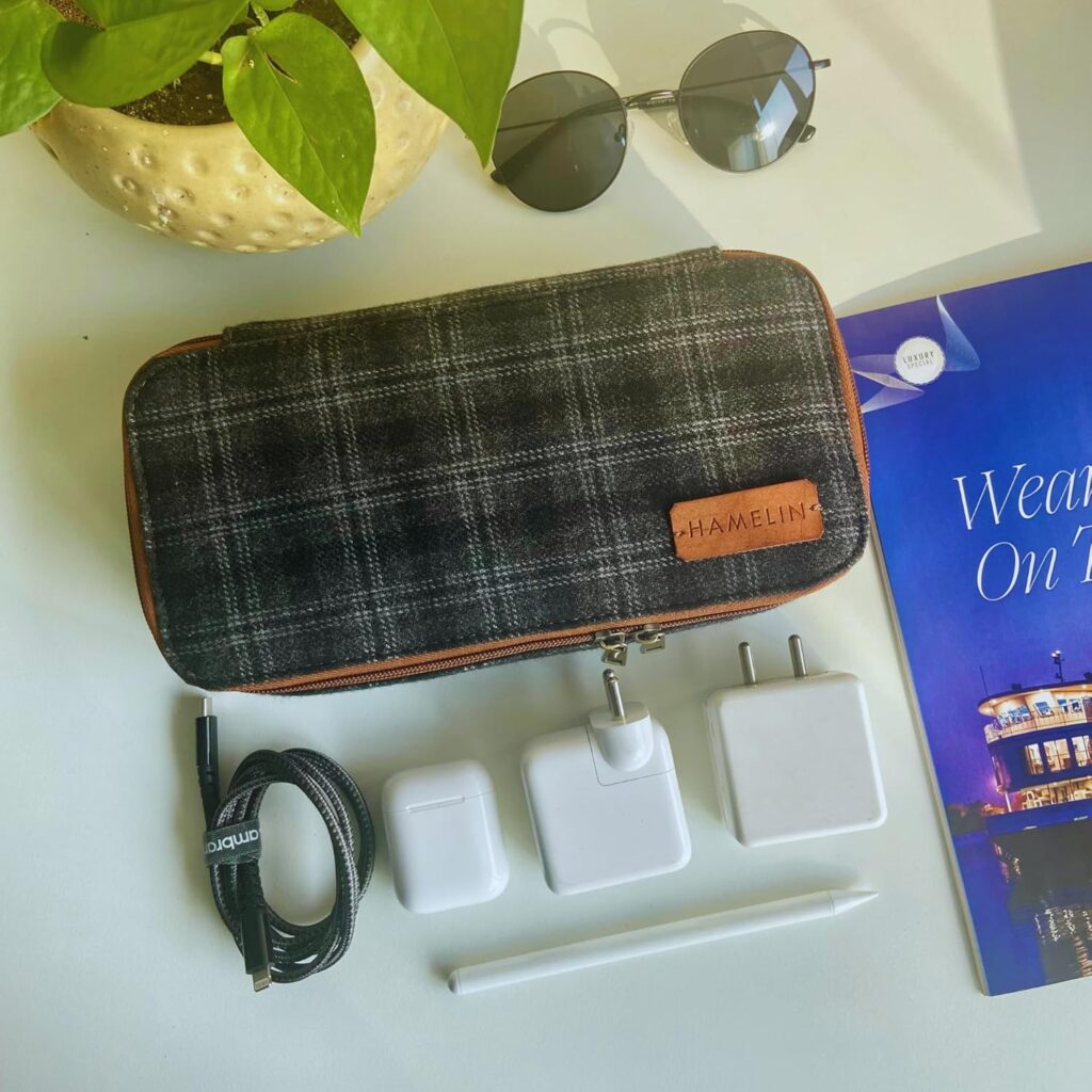 HAMELIN Oslo Tech Organiser | Slate Gray, Tweed Fabric | All in One Gadget Organizer | Multipurpose Pouch for Men and Women | Stylish Storage for Earphone, USB Cable, Power Bank