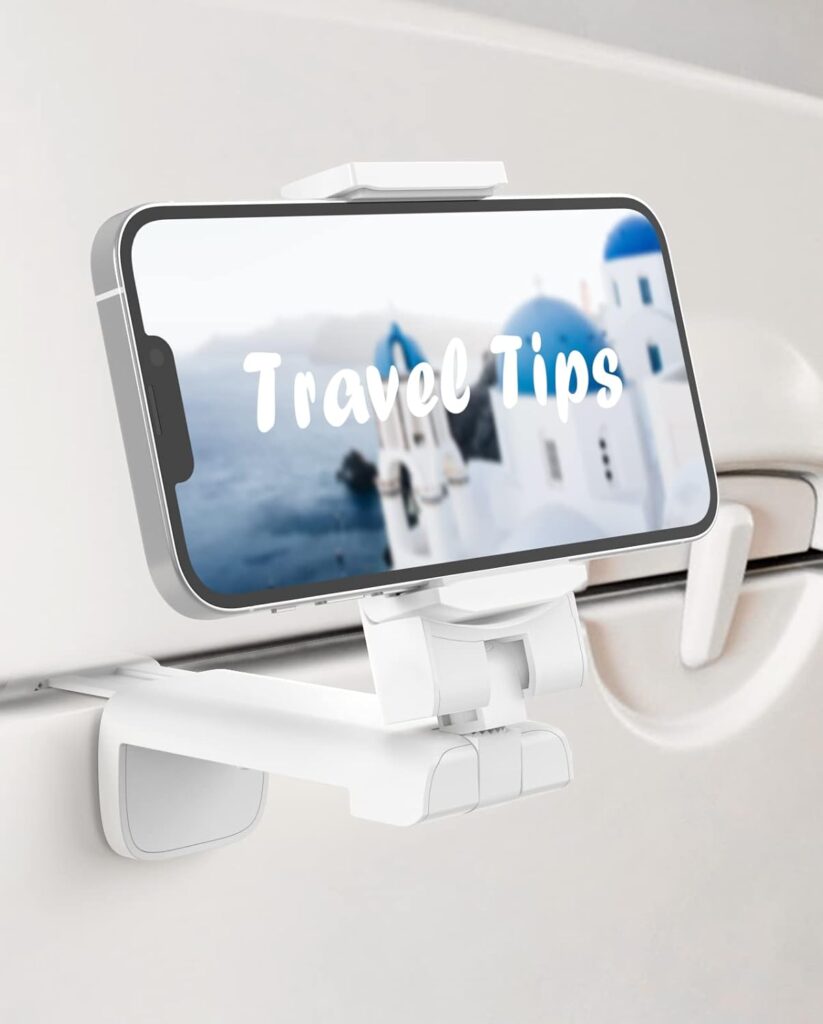 MiiKARE Airplane Travel Essentials Phone Holder, Universal Handsfree Phone Mount for Flying with 360 Degree Rotation, Travel Accessory for Airplane, Travel Must Haves Phone Stand for Desk, Table-White