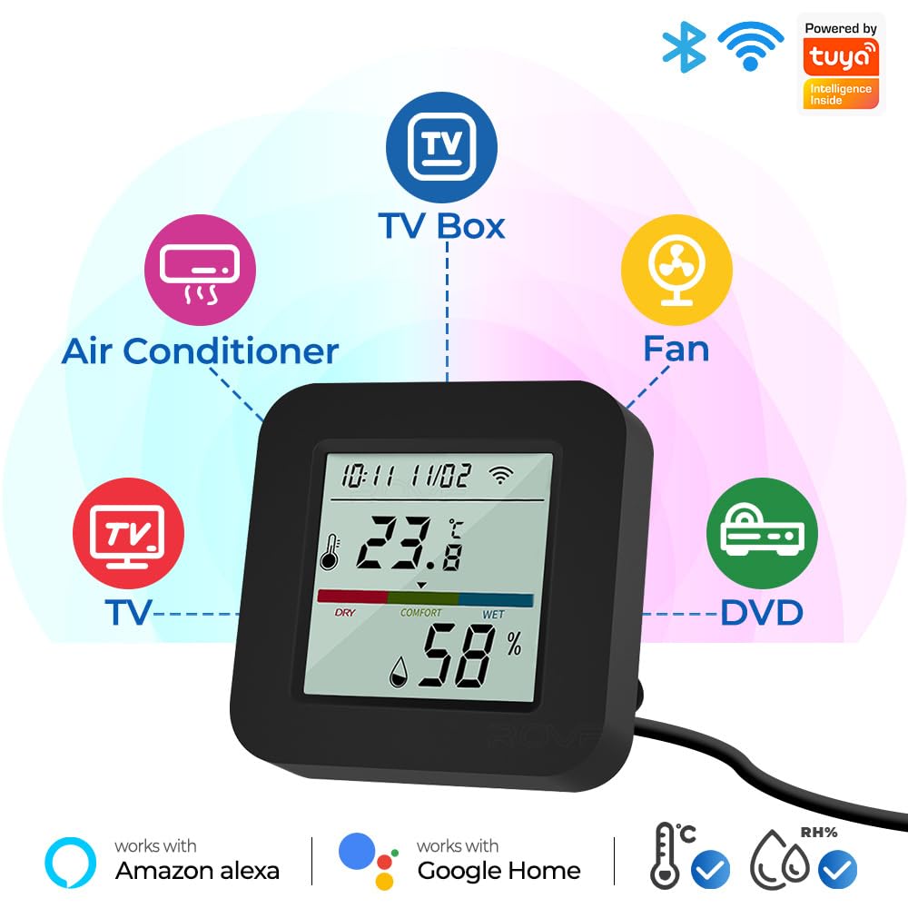 UanTii Tuya Smart Universal IR Remote With Temperature Humidity Sensor with Display Wifi Infrared Remote with Thermometer for Air Conditioner, TV.etc Works with Alexa Google Assistant