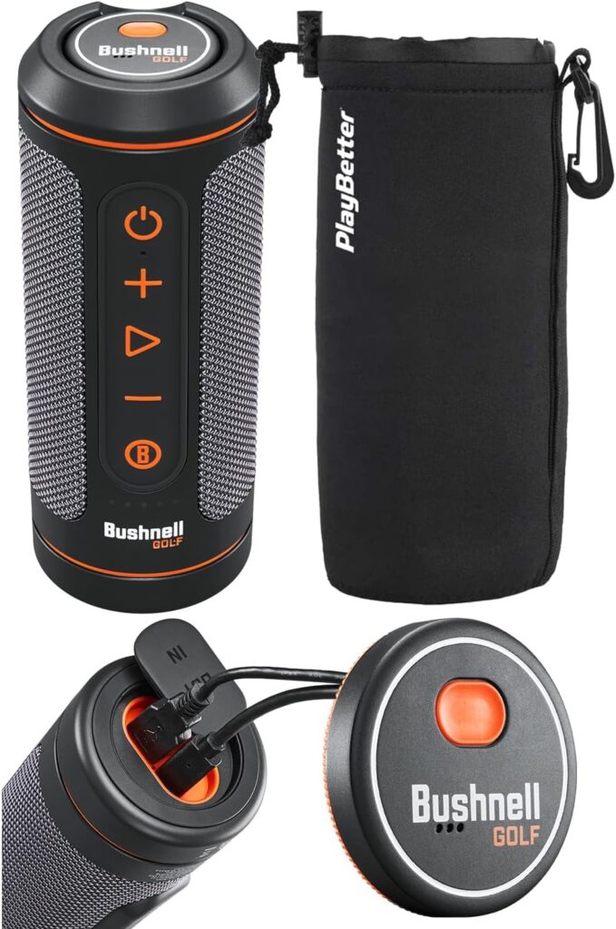 PlayBetter Bushnell Wingman 2 Golf Speaker with GPS (2024) | Remote Controlled Voice GPS Distances, Music, 40,000+ Courses, BITE Magnetic Cart Mount - Bundle with Protective Wingman Pouch